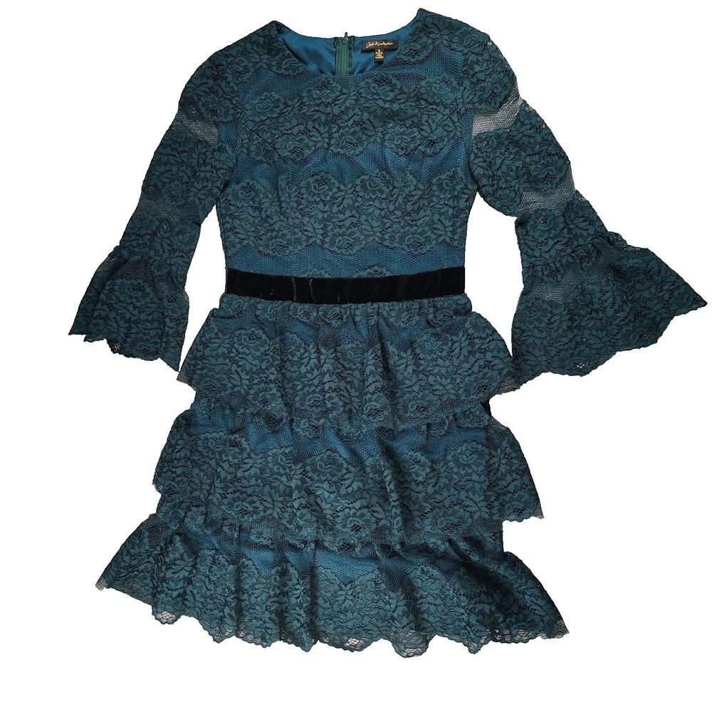 Jodi Kristopher Floral Lace Tiered Dress Velvetā Waist Bell Sleeve 5 Victorian